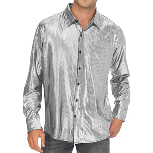 Pailletten Hemd Herren Gold, Silvester Hemd Herren Langarm Disco Glitzerhemd Karneval Kostüm Regular Fit 70er Outfit Shirt Pailletten Party Glitzer Trachtenhemd Knopfleiste Freizeithemd von Sunnyuk