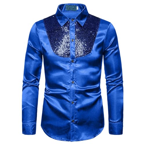 Pailletten Hemd Herren Gold, Silvester Hemd Herren Langarm Regular Fit 70er Glitzer Disco Karneval Kostüm Shirt Party Pailletten Glitzerhemd Trachtenhemd Knopfleiste Outfit Freizeithemd von Sunnyuk