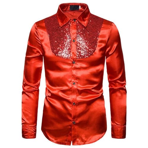 Pailletten Hemd Herren rot, Silvester Hemd Herren Langarm 70er Karneval Kostüm Glitzerhemd Disco Regular Fit Outfit Oberteile Pailletten Party Freizeithemd Knopfleiste Glitzer Trachtenhemd von Sunnyuk