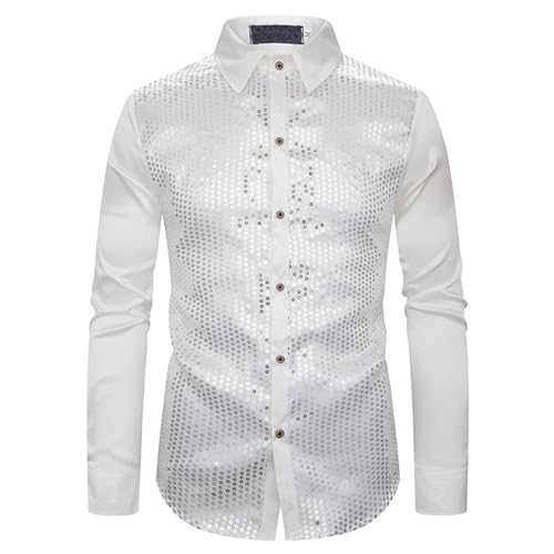 Pailletten Herren, Silvester Outfit Herren Glitzer Hemd 70er Regular Fit Langarm Disco Glitzerhemd Oberteile Pailletten Party Freizeithemd Knopfleiste Karneval Kostüm Trachtenhemd von Sunnyuk