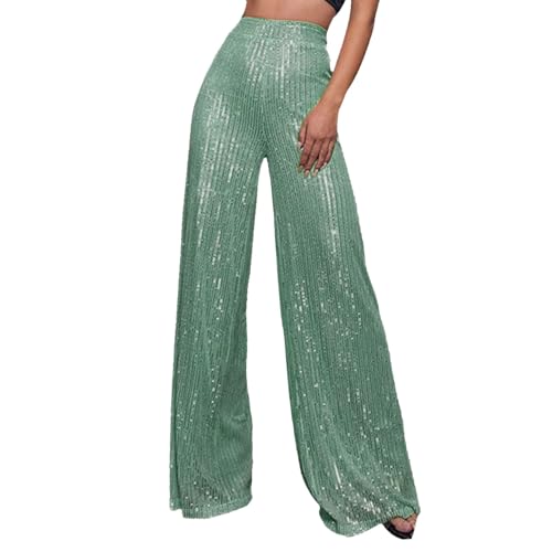 Pailletten Hose Damen grün, Glitzer Hose Damen Lang Party Festliche Pailettenhose Hohe Taille Breite Bein Glitzerhose Schlaghose Silber Pailletten Freizeithose Palazzo Silvester Hosen von Sunnyuk