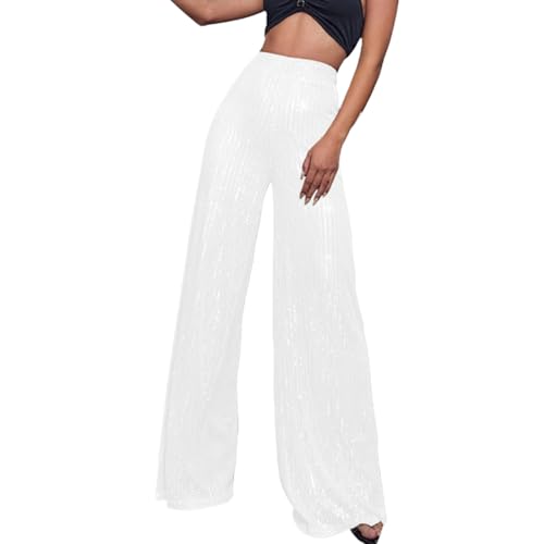 Pailletten Hose Damen lang, Glitzer Hose Damen Lang Festliche Pailletten Breite Bein Party Glitzerhose Freizeithose Hohe Taille Einfarbig Pailettenhose Schlaghose Palazzo Silvester Hosen von Sunnyuk