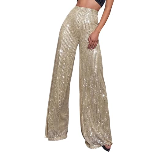 Pailletten Hose Damen lang, Pailletten Hose Damen Schwarz Palazzo Hohe Taille Pailettenhose Glitzer Festliche Party Schlaghose Breite Bein Elastische Glitzerhose Freizeithose Lang Silvester Hosen von Sunnyuk