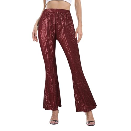 Pailletten Hose Damen pink, Glitzer Hose Damen Lang Schwarz Breite Bein Palazzo Pailettenhose Hohe Taille Party Glitzerhose Hosen Silber Pailletten Schlaghose Festliche Disco Freizeithose von Sunnyuk