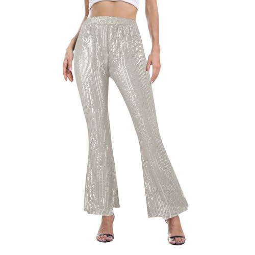 Pailletten Hose Damen schwarz, Glitzer Hose Damen Lang Schwarz Hohe Taille Breite Bein Glitzerhose Palazzo Party Pailettenhose Freizeithose Einfarbig Pailletten Hosen Festliche Rave Schlaghose von Sunnyuk