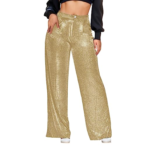 Pailletten Hose Damen schwarz, Glitzer Hose Damen Lang Schwarz Party Hohe Taille Glitzerhose Breite Bein Palazzo Pailettenhose Schlaghose Festliche Elastische Pailletten Hosen Disco Freizeithose von Sunnyuk