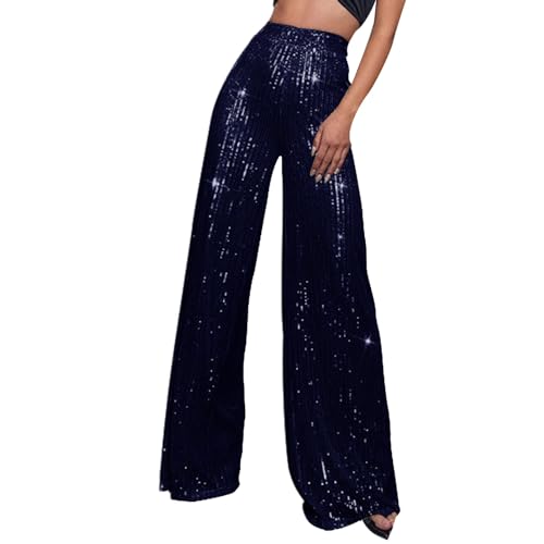 Pailletten Hose Damen schwarz, Pailletten Hose Damen Schwarz Festliche Hohe Taille Glitzer Lang Palazzo Glitzerhose Freizeithose Party Silber Pailettenhose Schlaghose Breite Bein Disco Hosen von Sunnyuk