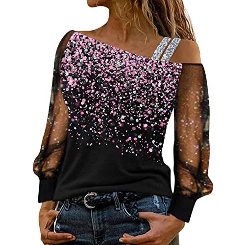 Pailletten Oberteil Damen Gold, Glitzer Oberteile Damen Langarm Elegant Schulterfrei Festliche Oberteile Festliche Blusen Sexy Pailletten Oberteil Silvester Outfit Mesh Langarmshirt von Sunnyuk