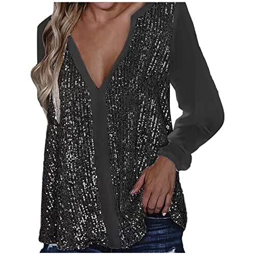 Pailletten Oberteil Damen Schwarz, Glitzer Oberteile Damen Silber - Oberteil Tunika Modern Glitzer Langarmshirt Shirt V Ausschnitt Festliche Party Pullover Blusen Zur Hochzeit Top Bluse von Sunnyuk