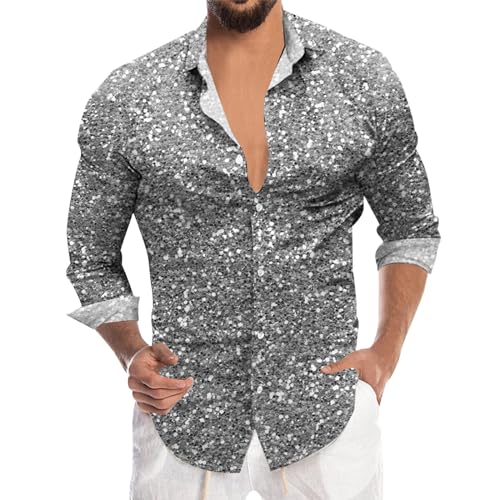 Pailletten Oberteil Herren, Glitzer Hemd Herren Langarm Regular Fit Glitzerhemd Silvester Outfit 70er Disco Shirt Party Pailletten Bunt Knopfleiste Karneval Kostüm Freizeithemd von Sunnyuk