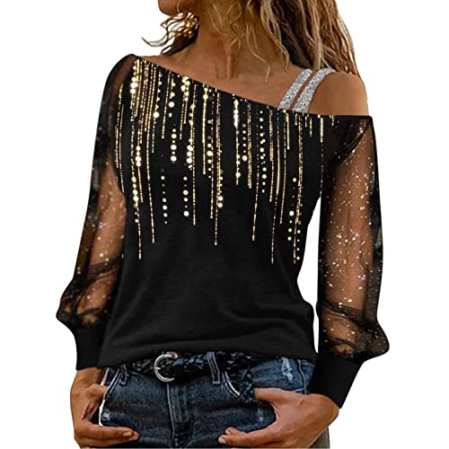 Party Oberteil Damen Curvy, Festliche Blusen Damen mit Pailletten Elegant Langarm Party Oberteil Glitzer Bluse Schulterfrei Sexy Pailletten Oberteil Langarmshirt Hochzeit Glitzer Shirt von Sunnyuk