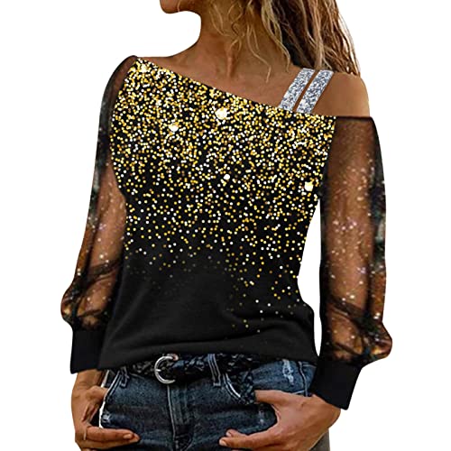 Party Oberteil Damen Curvy, Party Oberteil Damen Glitzer Langarm Sexy Pailletten Oberteil Festliche Blusen Schulterfrei Elegant Festliche Oberteile Glitzer Shirt Mesh Silvester Outfit von Sunnyuk