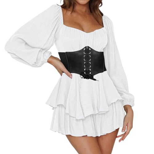 Piraten Kleid mit Korsett, Piratenkostüm Damen Kleid Off Shoulder Einfarbiges Karneval Kostüm A-Linie-Kleid Renaissance Rüschenkleid mit Integrierten Shorts Swing Kleid Party Piraten Kleid von Sunnyuk