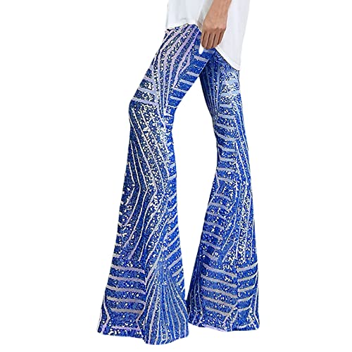 Rave Hose Damen, Pailletten Hose Damen Lang Breite Bein Hohe Taille Pailettenhose Festliche Palazzo Glitzer Freizeithose Elastische Glitzerhose Hosen Party Rave Schlaghose von Sunnyuk