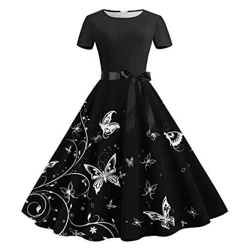 Rockabilly Kleider Damen A-Line Retro-Kleidung Vintage Partykleid Swing Festlich Blumendruck Cocktailkleid Elegant 50er Jahre Petticoat Kleid Ballkleid Kurzarm Hohe Taille Sommer Abendkleid von Sunnyuk