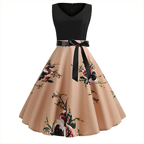 Rockabilly Kleider Damen Festlich Hohe Taille Sommer Partykleid Blumendruck Petticoat Kleid Vintage Retro-Kleidung Swing Ballkleid Abendkleid Elegant Spaghettiträger 50er Jahre Cocktailkleid von Sunnyuk