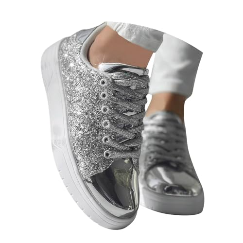 Schuhe Damen, Glitzer Schuhe Damen Flache Low Sneaker Karneval Pailletten Schuhe - Atmungsaktiv Silber Turnschuhe Party Outdoor Sportschuhe Laufschuhe Klettverschluss Schnürsenkel Schuhe Damen, Glitzer Schuhe Damen Flache Low Sneaker Karneval Pailletten Schuhe - Atmungsaktiv Silber Turnschuhe Party Outdoor Sportschuhe Laufschuhe Klettverschluss Schnürsenkel von Sunnyuk
