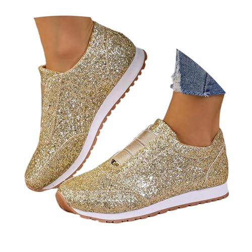 Schuhe Silber Damen festlich, Glitzer Schuhe Damen Flache Low Sneaker Karneval Pailletten Schuhe - Atmungsaktiv Silber Turnschuhe Party Outdoor Sportschuhe Laufschuhe Klettverschluss Schnürsenkel von Sunnyuk