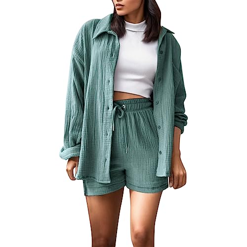 Set Damen Outfit Lounge, Zweiteiler Damen Sommer Outfits Musselin Bluse und Shorts, Aesthetic 2 Teiler Lounge Set Elegant Baumwolle Sportanzug Oversize Hosenanzug Langarm Hausanzug Y2K Clothes Set Damen Outfit Lounge, Zweiteiler Damen Sommer Outfits Musselin Bluse und Shorts, Aesthetic 2 Teiler Lounge Set Elegant Baumwolle Sportanzug Oversize Hosenanzug Langarm Hausanzug Y2K Clothes von Sunnyuk