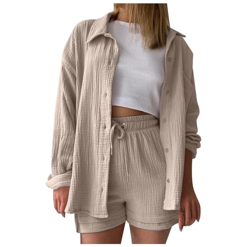 Set Damen Outfit Sommer, Zweiteiler Damen Sommer Outfits Musselin Bluse und Shorts, Aesthetic 2 Teiler Lounge Set Elegant Baumwolle Sportanzug Oversize Hosenanzug Langarm Hausanzug Y2K Clothes von Sunnyuk