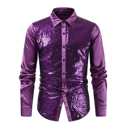 Silvester Hemd Herren rot, Glitzerhemd Herren 70er Jahre Regular Fit Glitzer Hemd Langarm Disco Karneval Kostüm Oberteile Pailletten Party Silvester Outfit Trachtenhemd Knopfleiste Freizeithemd von Sunnyuk