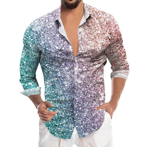 Silvester Herren Outfit, Silvester Outfit Herren Glitzer Hemd Langarm Regular Fit Glitzerhemd 70er Disco Karneval Kostüm Oberteile Pailletten Party Trachtenhemd Knopfleiste Freizeithemd von Sunnyuk