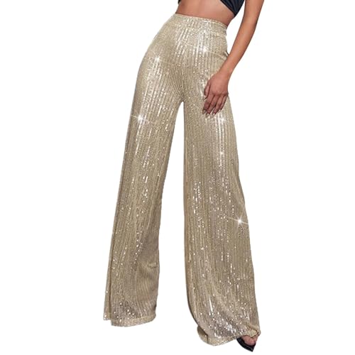 Silvester Hose Damen, Glitzer Hose Damen Lang Party Festliche Pailettenhose Hohe Taille Breite Bein Glitzerhose Schlaghose Silber Pailletten Freizeithose Palazzo Silvester Hosen von Sunnyuk