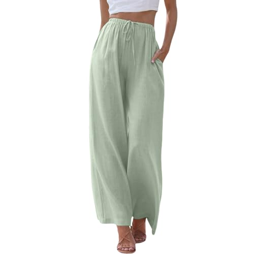 Sommer Hosen Damen locker, Leinenhose Damen Sommer Leicht Lang Sommerhose Lockere Weite Hose Freizeithose Casual Leinen Stoffhose Palazzo Hose Elegant Strandhose Hohe Taille mit Tunnelzug und Taschen von Sunnyuk