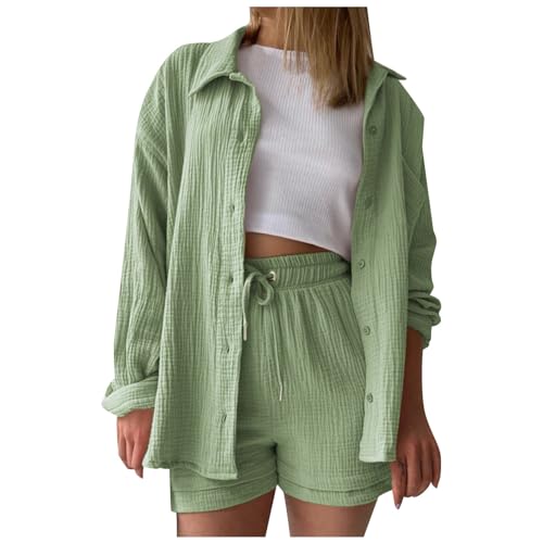 Sommer Outfit, Zweiteiler Damen Sommer Outfits Musselin Bluse und Shorts, Aesthetic 2 Teiler Lounge Set Elegant Baumwolle Sportanzug Oversize Hosenanzug Langarm Hausanzug Y2K Clothes Sommer Outfit, Zweiteiler Damen Sommer Outfits Musselin Bluse und Shorts, Aesthetic 2 Teiler Lounge Set Elegant Baumwolle Sportanzug Oversize Hosenanzug Langarm Hausanzug Y2K Clothes von Sunnyuk