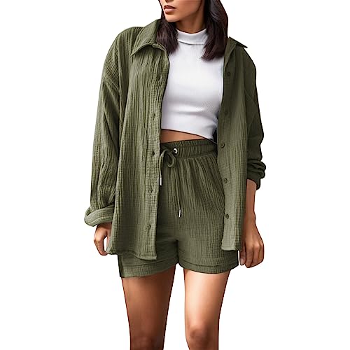 Sommer Outfits Damen elegant, Zweiteiler Damen Sommer Outfits Musselin Bluse und Shorts, Aesthetic 2 Teiler Lounge Set Elegant Baumwolle Sportanzug Oversize Hosenanzug Langarm Hausanzug Y2K Clothes von Sunnyuk