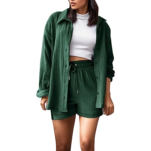 Sommer Set Damen Outfit, Zweiteiler Damen Sommer Outfits Musselin Bluse und Shorts, Aesthetic 2 Teiler Lounge Set Elegant Baumwolle Sportanzug Oversize Hosenanzug Langarm Hausanzug Y2K Clothes Sommer Set Damen Outfit, Zweiteiler Damen Sommer Outfits Musselin Bluse und Shorts, Aesthetic 2 Teiler Lounge Set Elegant Baumwolle Sportanzug Oversize Hosenanzug Langarm Hausanzug Y2K Clothes von Sunnyuk