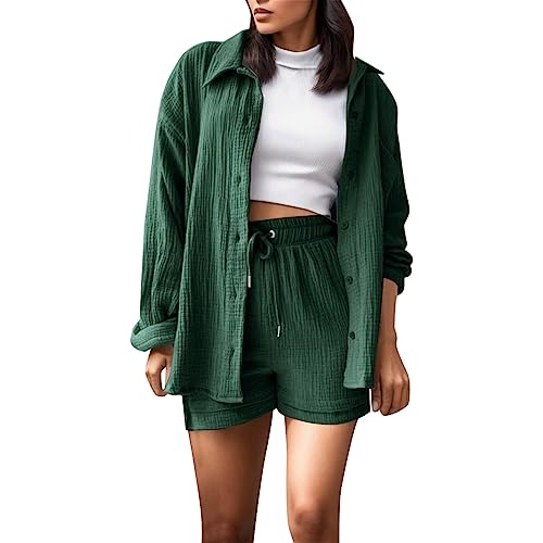 Sommer Set Damen Outfit, Zweiteiler Damen Sommer Outfits Musselin Bluse und Shorts, Aesthetic 2 Teiler Lounge Set Elegant Baumwolle Sportanzug Oversize Hosenanzug Langarm Hausanzug Y2K Clothes von Sunnyuk