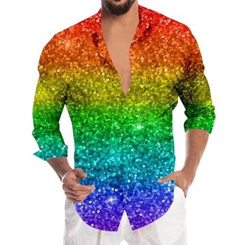 Sunnyuk 90er Jahre Outfit Herren, Silvester Outfit Herren Glitzer Hemd 70er Regular Fit Glitzerhemd Disco Langarm Oberteile Pailletten Party Freizeithemd Knopfleiste Karneval Kostüm Trachtenhemd von Sunnyuk