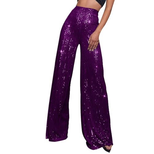 Sunnyuk Pailletten Hose Gold, Glitzer Hose Damen Lang Party Festliche Pailettenhose Hohe Taille Breite Bein Glitzerhose Schlaghose Silber Pailletten Freizeithose Palazzo Silvester Hosen von Sunnyuk