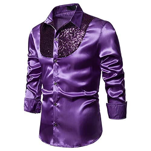 Sunnyuk glitzerhemd Herren rot, Glitzer Hemd Herren Langarm Regular Fit 70er Silvester Outfit Glitzerhemd Disco Oberteile Pailletten Party Karneval Kostüm Freizeithemd Knopfleiste Trachtenhemd von Sunnyuk