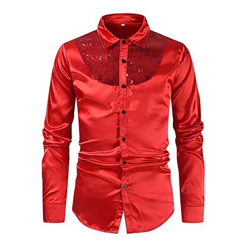 Sunnyuk kostüm Herren, Glitzerhemd Herren Langarm Disco Karneval Kostüm Glitzer Hemd 70er Regular Fit Silvester Oberteile Pailletten Party Trachtenhemd Knopfleiste Outfit Freizeithemd von Sunnyuk