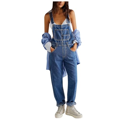 Sunnyuk latzhose damen baggy, Latzhose Damen Jeans Lang Straight Leg Jeanslatzhose Stretch Lässig Denim Jeans Overall mit Taschen Baggy Bib Jeans Jumpsuits Sommer Ärmellos Latzhosen für Damen von Sunnyuk