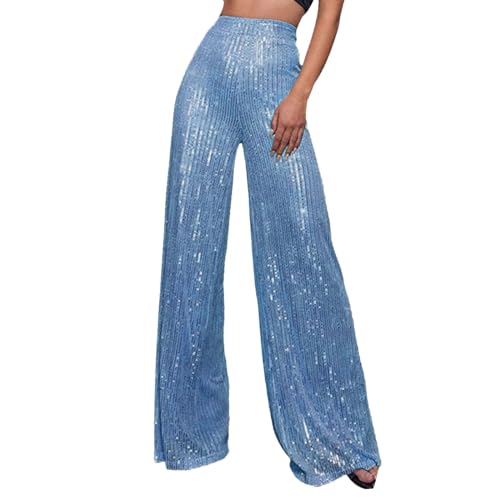 Sunnyuk pailettenhose Damen grün, Glitzer Hose Damen Lang Palazzo Breite Bein Pailettenhose Party Pailletten Freizeithose Festliche Silber Glitzerhose Schlaghose Hohe Taille Silvester Hosen von Sunnyuk