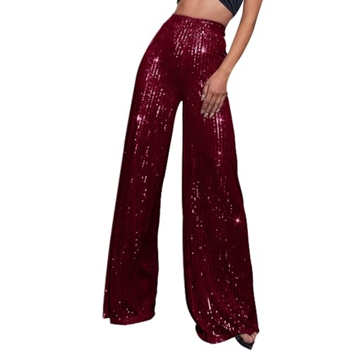 Sunnyuk pailettenhose Damen grün, Glitzer Hose Damen Lang Party Festliche Pailettenhose Hohe Taille Breite Bein Glitzerhose Schlaghose Silber Pailletten Freizeithose Palazzo Silvester Hosen von Sunnyuk