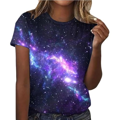 Teenager mädchen Kleidung 152, Galaxie Tshirt Damen 3D Sternenhimmel Drucken T-Shirt Bluse Kurzarm Rundhals Glitzer Shirt Tops Oversized Sommer Schicke Shirts Oberteile Mädchen Karnevalskostüme von Sunnyuk