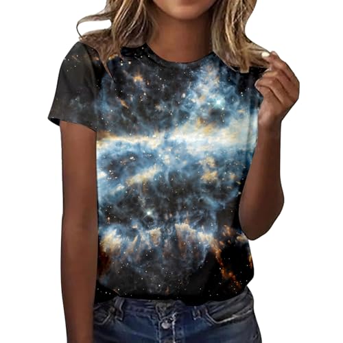 Tshirt Damen Oversize, Galaxie Tshirt Damen 3D Sternenhimmel Drucken T-Shirt Bluse Kurzarm Rundhals Glitzer Shirt Tops Oversized Sommer Schicke Shirts Oberteile Mädchen Karnevalskostüme von Sunnyuk