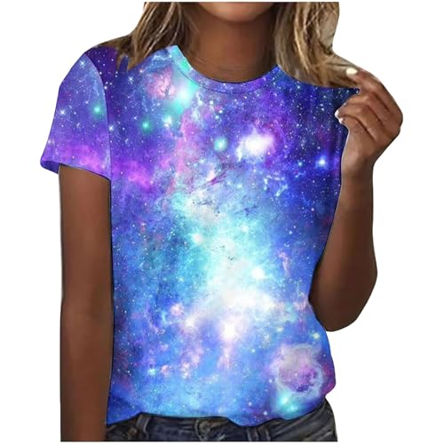 Tshirt Damen lustig, Galaxie Tshirt Damen 3D Sternenhimmel Drucken T-Shirt Bluse Kurzarm Rundhals Glitzer Shirt Tops Oversized Sommer Schicke Shirts Oberteile Mädchen Karnevalskostüme von Sunnyuk