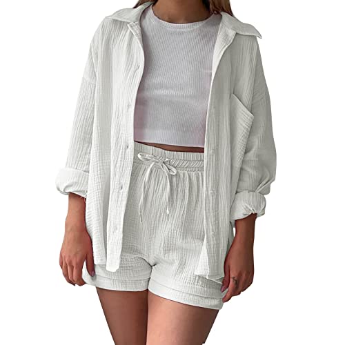 Zweiteiler Damen Sommer, Zweiteiler Damen Sommer Outfits Musselin Bluse und Shorts, Aesthetic 2 Teiler Lounge Set Elegant Baumwolle Sportanzug Oversize Hosenanzug Langarm Hausanzug Y2K Clothes von Sunnyuk