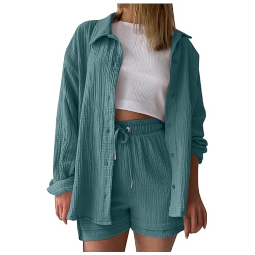 Zweiteiler leinen Set Damen, Zweiteiler Damen Sommer Outfits Musselin Bluse und Shorts, Aesthetic 2 Teiler Lounge Set Elegant Baumwolle Sportanzug Oversize Hosenanzug Langarm Hausanzug Y2K Clothes von Sunnyuk