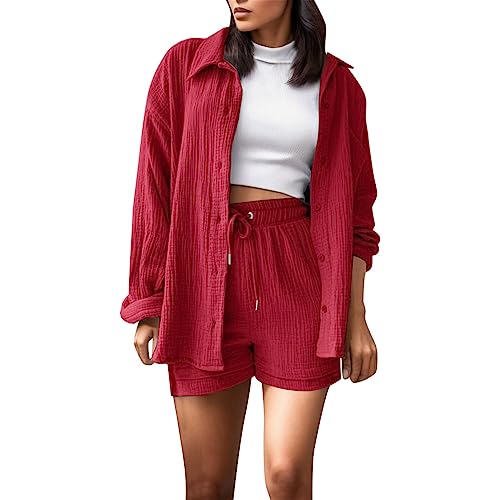 Zweiteiler musselin Damen, Zweiteiler Damen Sommer Outfits Musselin Bluse und Shorts, Aesthetic 2 Teiler Lounge Set Elegant Baumwolle Sportanzug Oversize Hosenanzug Langarm Hausanzug Y2K Clothes von Sunnyuk