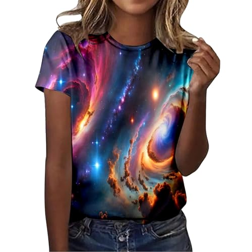 ausgefallene oberteile damen elegant, Galaxie Tshirt Damen 3D Sternenhimmel Drucken T-Shirt Bluse Kurzarm Rundhals Glitzer Shirt Tops Oversized Sommer Schicke Shirts Oberteile Mädchen Karnevalskostüme von Sunnyuk