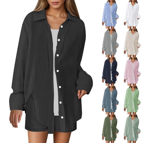 blusen Damen, Zweiteiler Damen Sommer Outfits Musselin Bluse und Shorts, Aesthetic 2 Teiler Lounge Set Elegant Baumwolle Sportanzug Oversize Hosenanzug Langarm Hausanzug Y2K Clothes blusen Damen, Zweiteiler Damen Sommer Outfits Musselin Bluse und Shorts, Aesthetic 2 Teiler Lounge Set Elegant Baumwolle Sportanzug Oversize Hosenanzug Langarm Hausanzug Y2K Clothes von Sunnyuk