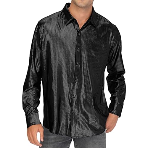 glitzerhemd Herren Silber, Glitzerhemd Herren XL Disco Langarm Glitzer Hemd 70er Regular Fit Karneval Kostüm Shirt Party Pailletten Silvester Trachtenhemd Knopfleiste Outfit Freizeithemd von Sunnyuk