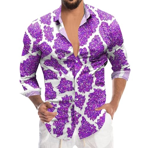 glitzerhemd Herren blau, Glitzer Hemd Herren Langarm 70er Glitzerhemd Disco Regular Fit Silvester Shirt Pailletten Party Karneval Kostüm Freizeithemd Knopfleiste Outfit Bunt von Sunnyuk