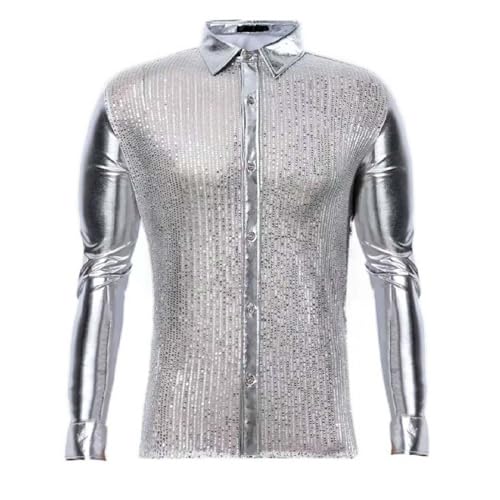 glitzerhemd Herren schwarz, Silvester Outfit Herren Glitzer Hemd 70er Langarm Karneval Kostüm Regular Fit Disco Shirt Party Pailletten Glitzerhemd Freizeithemd Knopfleiste Trachtenhemd von Sunnyuk